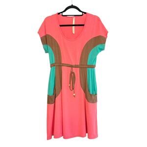 Uncle Frank Colorblock Knit Dress Small Coral Pink Green Drawstring Waist